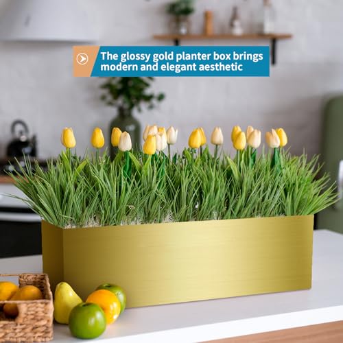 17" Large Stainless Steel Planter Box with Drain Holes and Water Reservoir (Gold)