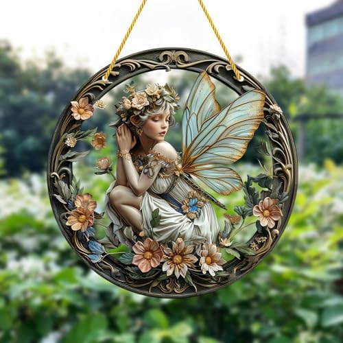 Flower Fairy Garden Decorations Angel Wing Christmas Halloween Deco Statue Art Elf Sculpture Hanging Craft for Outdoor Yard Courtyard Lawn Patio Window Acrylic Ornament Home Gift