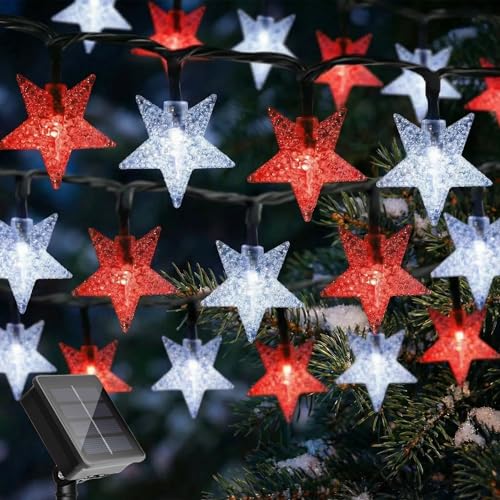 Twinkle Solar Star String Lights Red White Outdoor 39FT (Red-White)