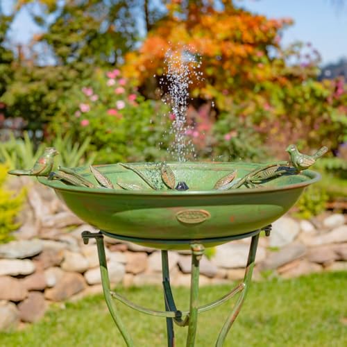 Deep Well Made Metal Birdbath with 2 Cast Iron Birds and Leaf Decoration (Verdi Green)