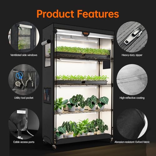 Indoor Greenhouse with Grow Light Oxford Cover (Balck / 59" H x 13.8" W x 35.4" L)