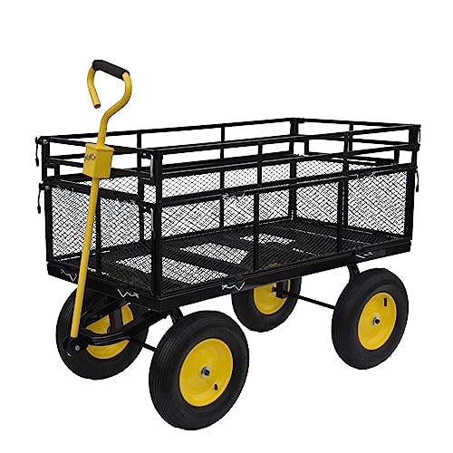 Large Steel Multifunctional Garden cart with Four Detachable Double Side Plates (Big Double Baffle Black+yellow)