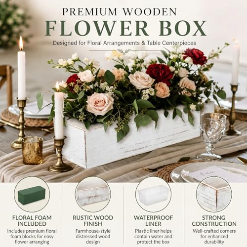 3 Set Wood Boxes for Centerpieces 16x4 Inch Rectangle Wooden Planter Box Rustic Wooden Planters with Removable Plastic Liner Floral Foam Blocks for Christmas Wedding Home Garden Decor (16 x 4 Inch / White)
