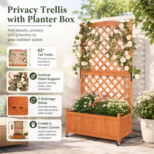 Trellis Raised Garden Bed with Wheels Trellis for Climbing Plants Outdoor (Red Brown / H63 × W36 × D17.5 in)