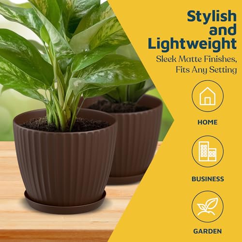 Brown 6 Inch Plant Pots with Drainage & Saucers 24 Pack (24 Count)