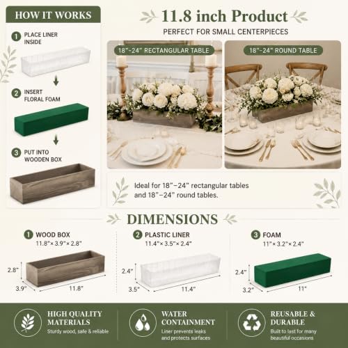 10 Set Wood Boxes for Centerpieces 12x4 Inch Rectangle Wooden Planter Box Rustic Wooden Planters with Removable Plastic Liner Floral Foam Blocks for Christmas Wedding Home Garden Decor (12 X 4 Inch / Brown)