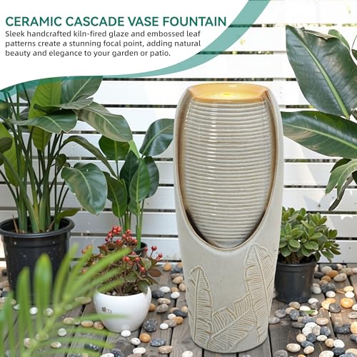 32" H Outdoor Garden Fountain with LED Lights (Beige Glaze Pattern 32"h-leaf)