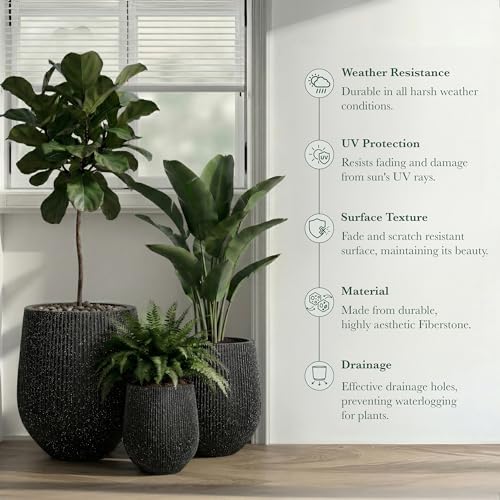 Signature Mount Wilson Modern Indoor Outdoor Fiberstone Tapered Planter (Ribbed Black / 15'' D x 16.7'' H)