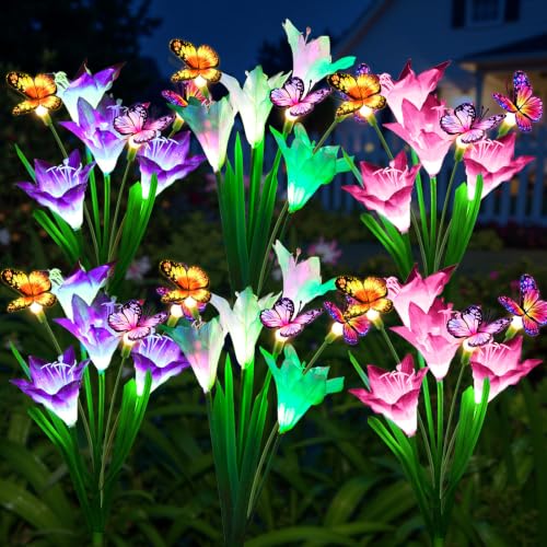 Solar Lights Outdoor Garden Decor 6 Pack (6 Pack / Lily & Butterfly)