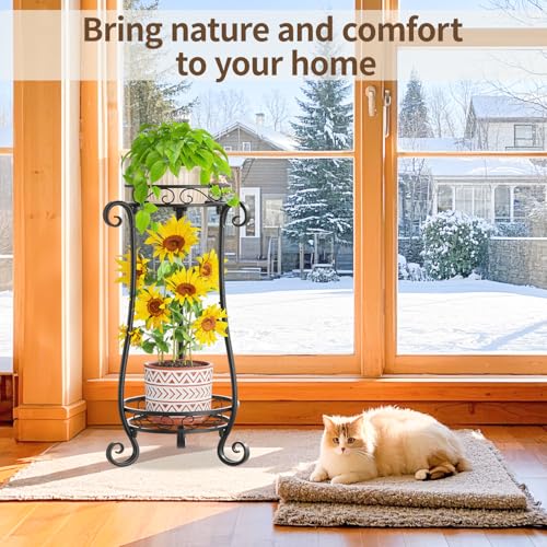 Metal Corner Plant Flower Stand Tall Indoor Outdoor (Glossy Black / 2 Tier)