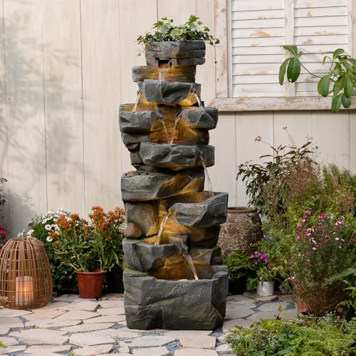 58" H Cascading Realistic Rock Outdoor Water Fountain with 7 Tiers (58H / Gray-3071)
