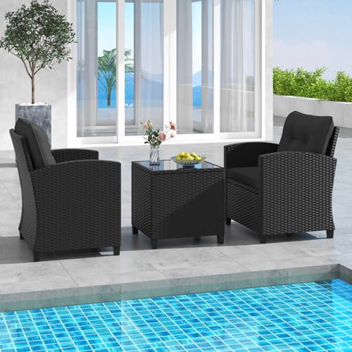 3 Pieces Wicker Patio Conversation Set (Black & Black)