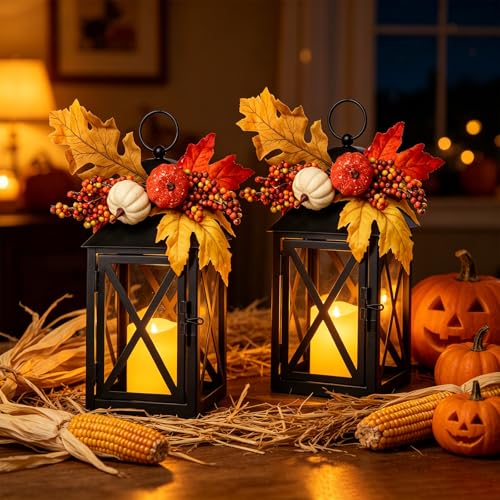 Fall Lanterns LED Candles 2 Pack 12 Inch Thanksgiving Decor Timer