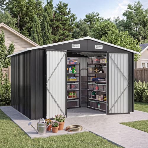 10x12FT Outdoor Storage Shed with Floor Black (Dark Black / 10' x 12')