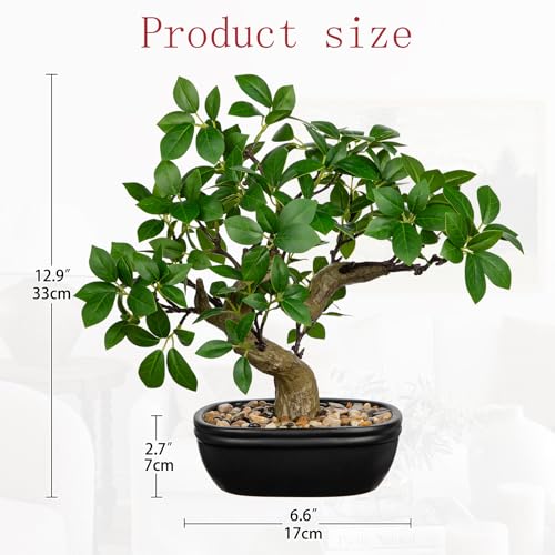 Artificial Bonsai Tree 12.9 Inch Faux Ficus Plant in Ceramic Pot with Pebbles Fake Green Potted Plant for Home Office Desk Decor Indoor Zen Table Centerpiece (Green)