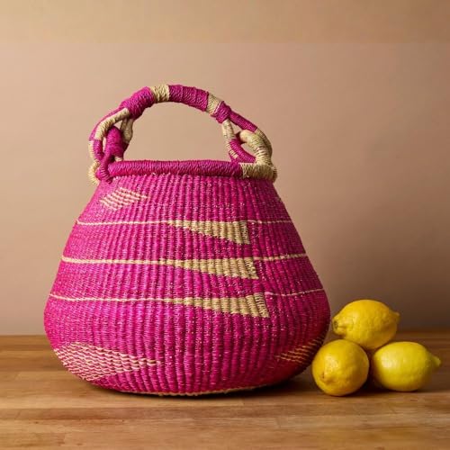 African Bolga Harvest Basket with Handle (Geometric Pink)