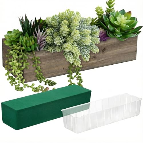 1 Set Wood Boxes for Centerpieces 12x4 Inch Rectangle Wooden Planter Box Rustic Wooden Planters with Removable Plastic Liner Floral Foam Blocks for Christmas Wedding Home Garden Decor (12 X 4 Inch / Brown)