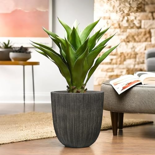 14.8" H Tapered Ribbed Large Plastic Planter with Drainage Hole & Plug (Vintage Black / 14.8in)