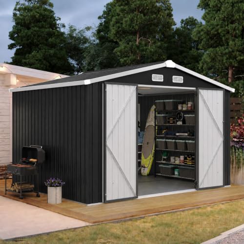 10x8FT Shed with Floor Galvanized Steel Outdoor Storage Shed Black (Black / 10'x8'w)