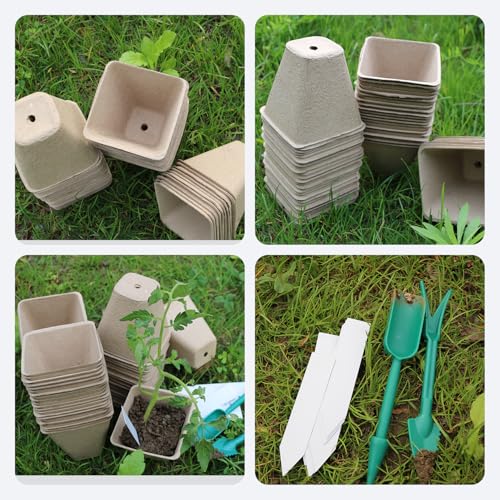 50Pcs Biodegradable Seedling Pots Seed Starter Kit 3.15 Inch Square Peat Pot with Drainage Holes (Square (With Labels, Picker, and Shovel))