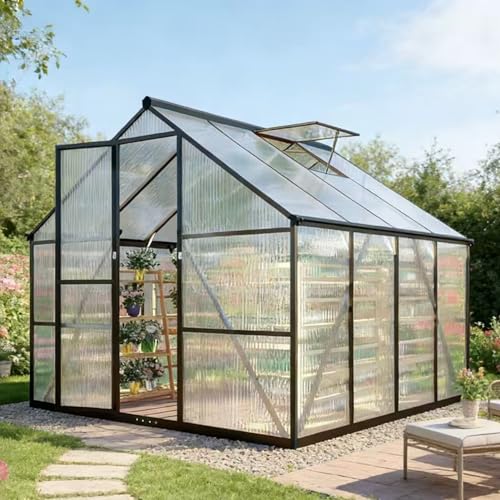 8x8FT Outdoor Greenhouse with Roof Vent (Charcoal Black / 8×8FT)