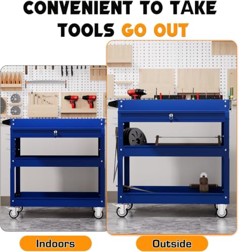 3 Tier Tool Cart on Wheels with Drawers (Blue)