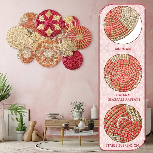 11 Pcs Boho Wall Basket Decor Woven Wall Hanging Art (Pink)
