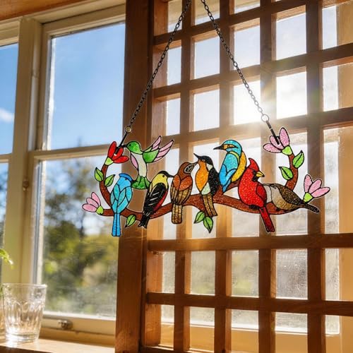 Stained Glass Window Hanging Birds On Branch Sun Catcher Decor (with Gift Packaging)