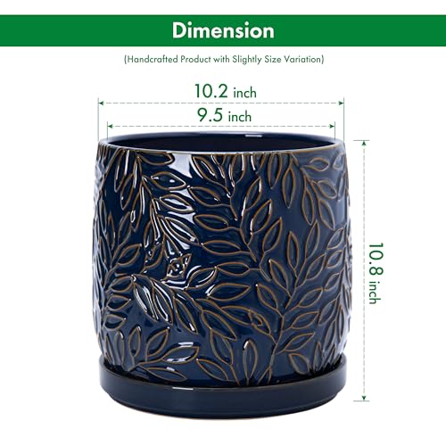 Embossed Leaves Ceramic Planter (10 Inch / Midnight Blue)