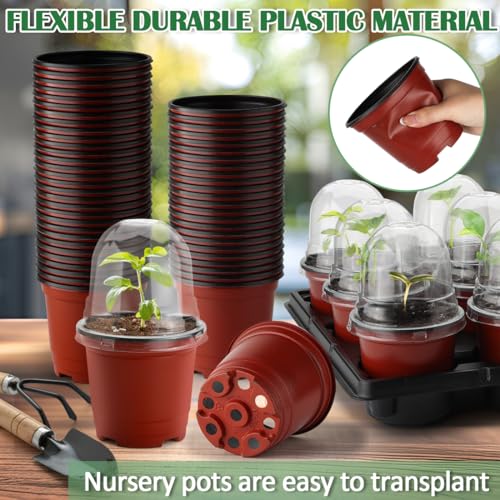 4 Inch 60 Pack Nursery Pots with Humidity Domes & 5 Pack 12 Cell Round Seedling Pot Carrying Trays (65 Count)