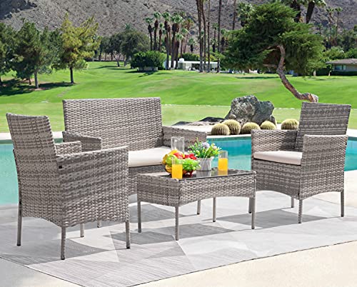 Patio Furniture 4 Pieces Conversation Sets (Gray and Beige)