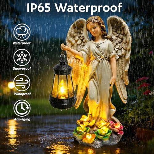 Solar Garden Statue Angel Figurine (Grey - Angel with Lantern)