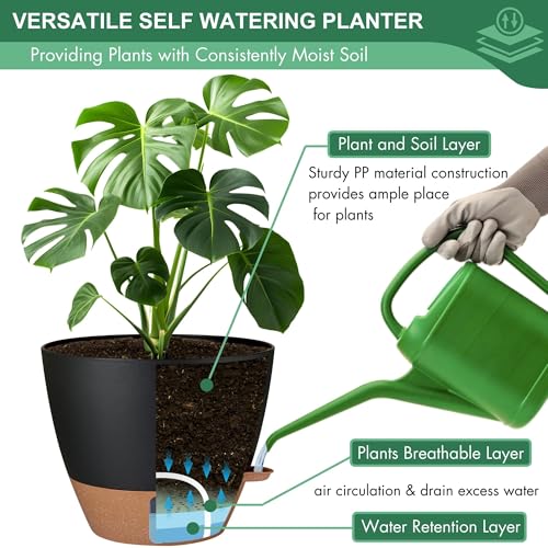 5-Pack 10/9/8/7/6.5Inch Self Watering Plant Pot for Inoor/ Ourdoor Plants (Black / 6.5/7/8/9/10 Inch)