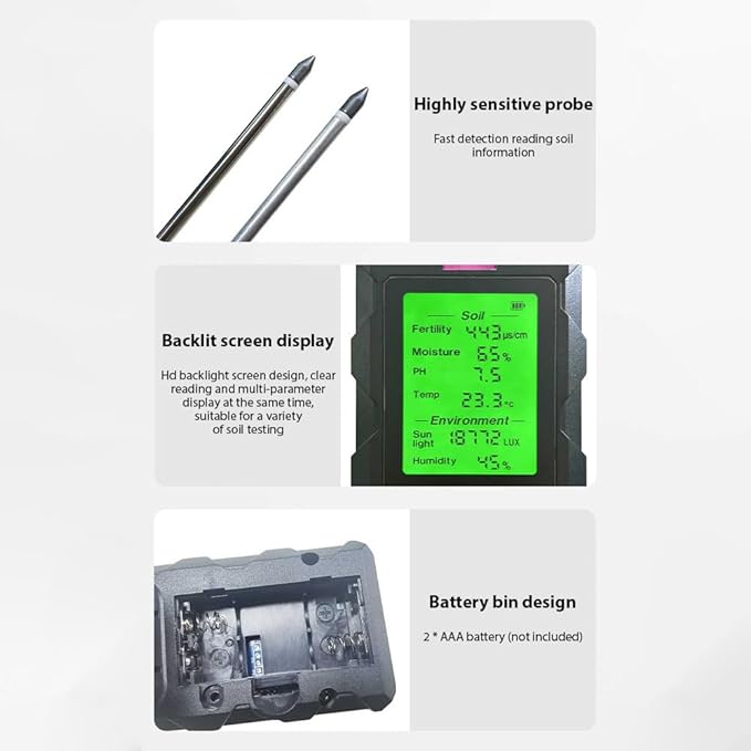 Soil Moisture Meter 6-in-1 Soil Ph Meter Moisture/Fertility/pH/Temperature/Humidity/Light 90-Degree Rotatable Backlight LCD display Soil Tester Gardening Tool for Lawn Farm Garden Indoor Outdoor Use