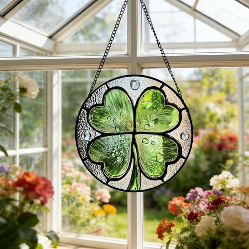 Stained Glass Window Hanging Ireland Lucky Clover Gifts for Women 6.3"