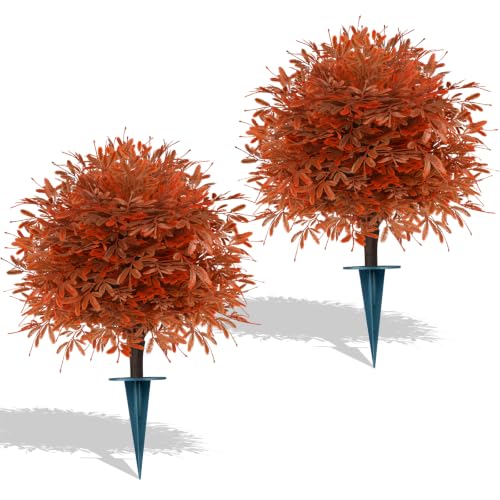 2 Pack Fall Artificial Cedar Topiary Balls with Ground Spike (Fall Cedar)