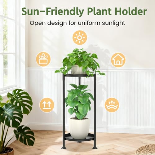 Plant Stand Indoor Tall Corner with Large Metal Tray (Classic Black / 2 Tier)
