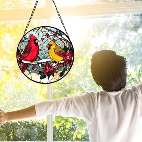 Cardinals Poinsettia Stained Glass Window Hanging Suncatcher Gifts 12" (Red and Yellow / 11.8x11.8 IN)