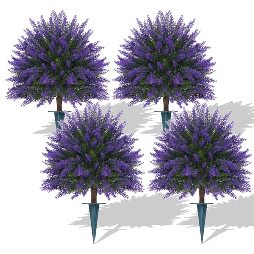24" Set of 4 Artificial Lavender Topiary Bushes with Ground Spike (Purple Lavender)