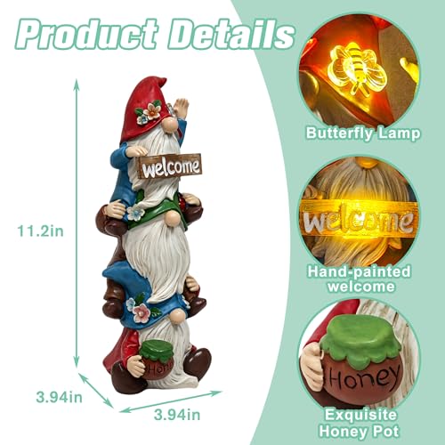 Garden Triple Stacked Gnome Statue with Solar Light Outdoor Decor (Solar Gnome)