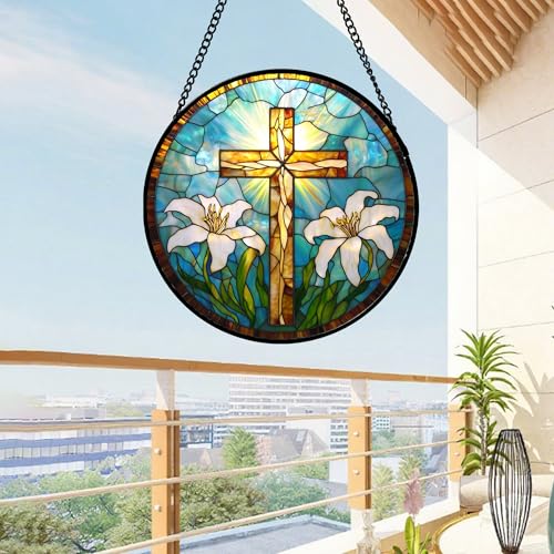 Cross with White Lilies Stained Glass Window Hanging Suncatcher Gifts 9.8" (Blue and Brown / 9.8x9.8 IN)