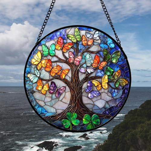 Butterfly Tree of Life Stained Glass Window Hanging Suncatcher Gifts 15" (Colorful / 14.9x14.9 IN)