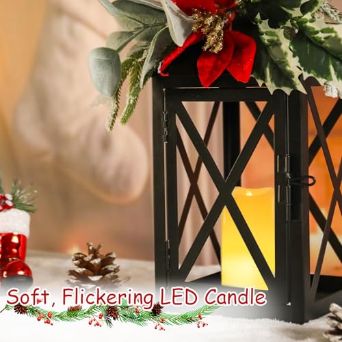 Christmas Lanterns 2 Pack 12'' Black Metal with Candle Holiday Decor