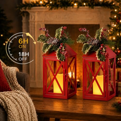Christmas Lanterns 2 Pack 12'' Red Metal with Candle Holiday Decor