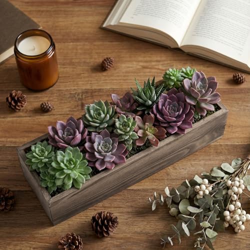 2 Set Wood Boxes for Centerpieces 12x4 Inch Rectangle Wooden Planter Box Rustic Wooden Planters with Removable Plastic Liner Floral Foam Blocks for Christmas Wedding Garden Decor (12 X 4 Inch / Brown)