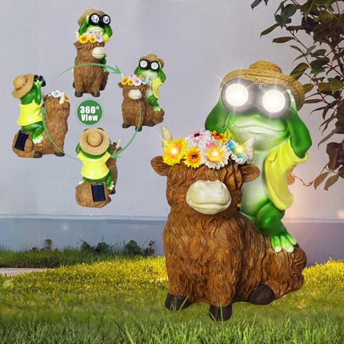 Solar Garden Lights Frog Sitting on Highland Cow Statue Flower Decor (Solar Frog With Highland Cow)