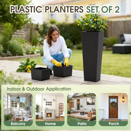 32 Inch Tall Plastic Planters with Rattan Texture (32" without Tray / Black)