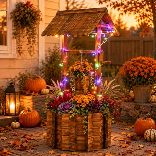 54" Outdoor Wooden Wishing Well Planter with Colorful LED Lights (54" H-wishing Well Planter)