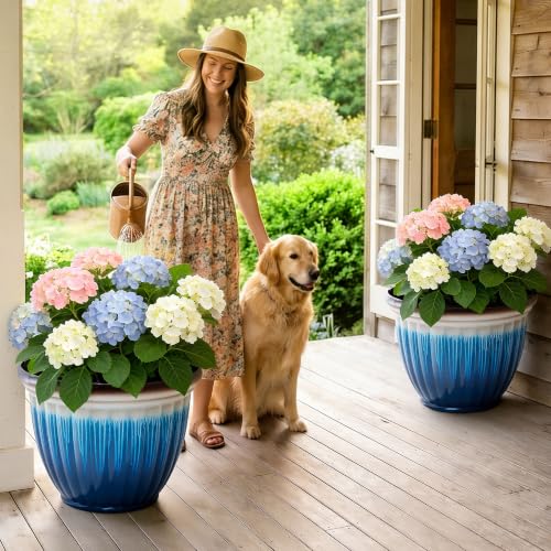 15" Large Planters for Outdoor Plants Set of 2 Plastic Flower Pots (15"-gradient Blue & White)