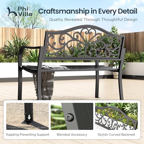 43 Inches Cast Iron Steel Frame Outdoor Garden Bench (Black-floral Back)